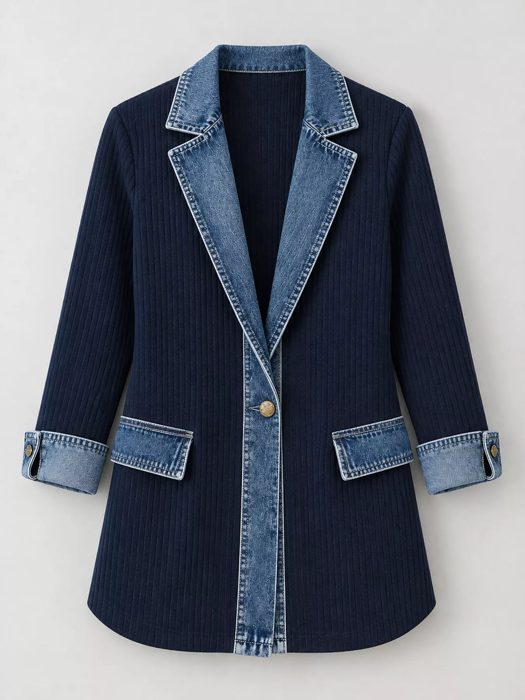 Denim-look lapel ribbed knit in navy, flat lay