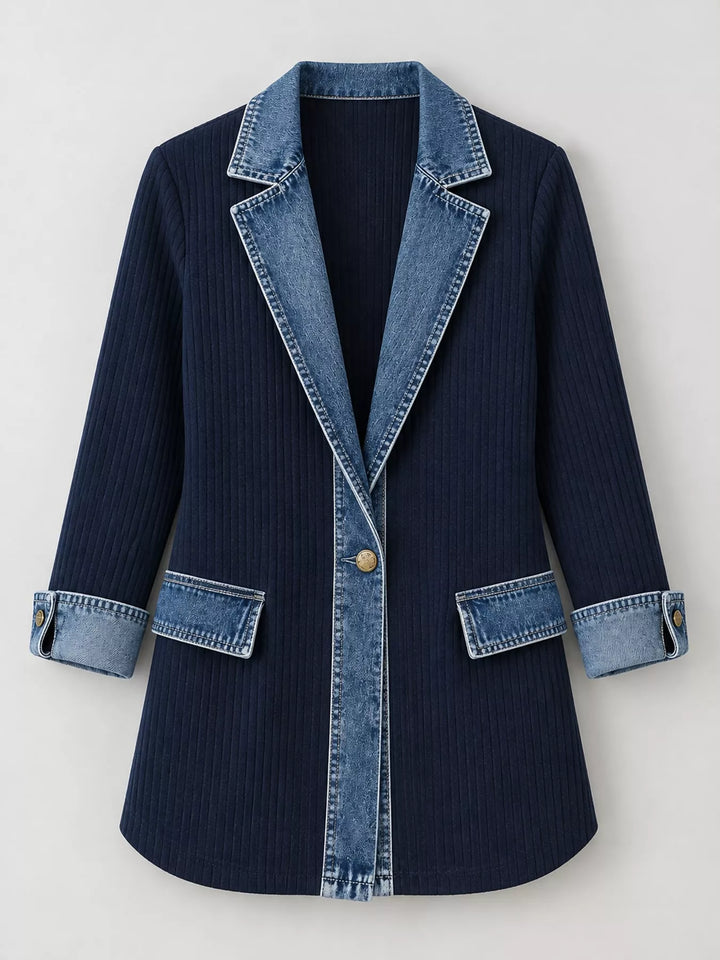 Denim-look lapel ribbed knit in navy, flat lay
