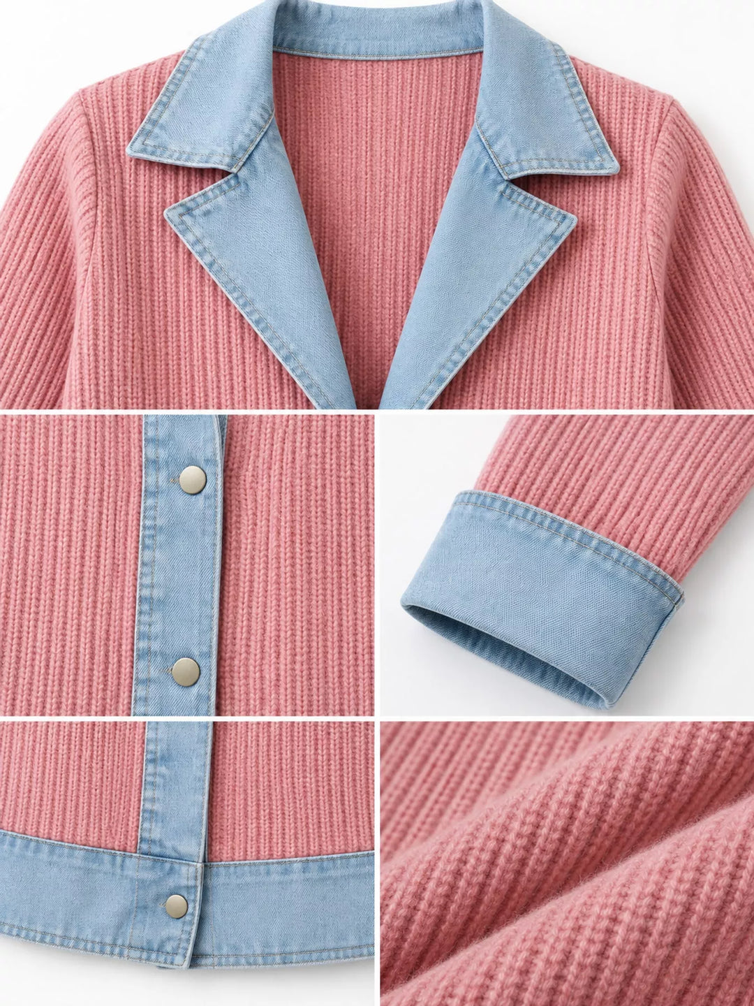 Denim-look lapel ribbed knit in pink, close-up detail