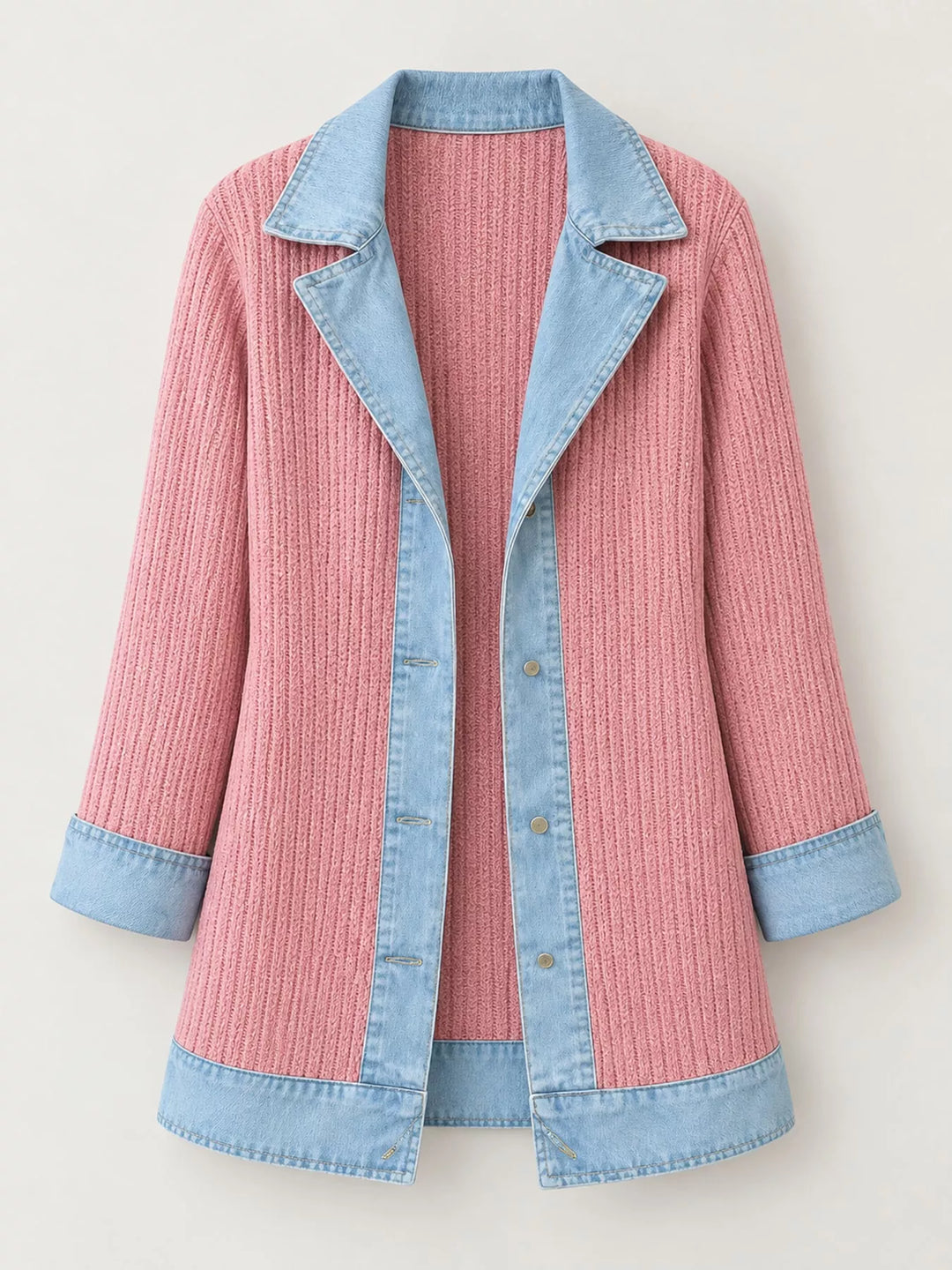 Denim-look lapel ribbed knit in pink, flat lay