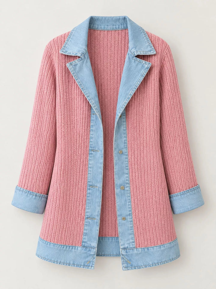Denim-look lapel ribbed knit in pink, flat lay