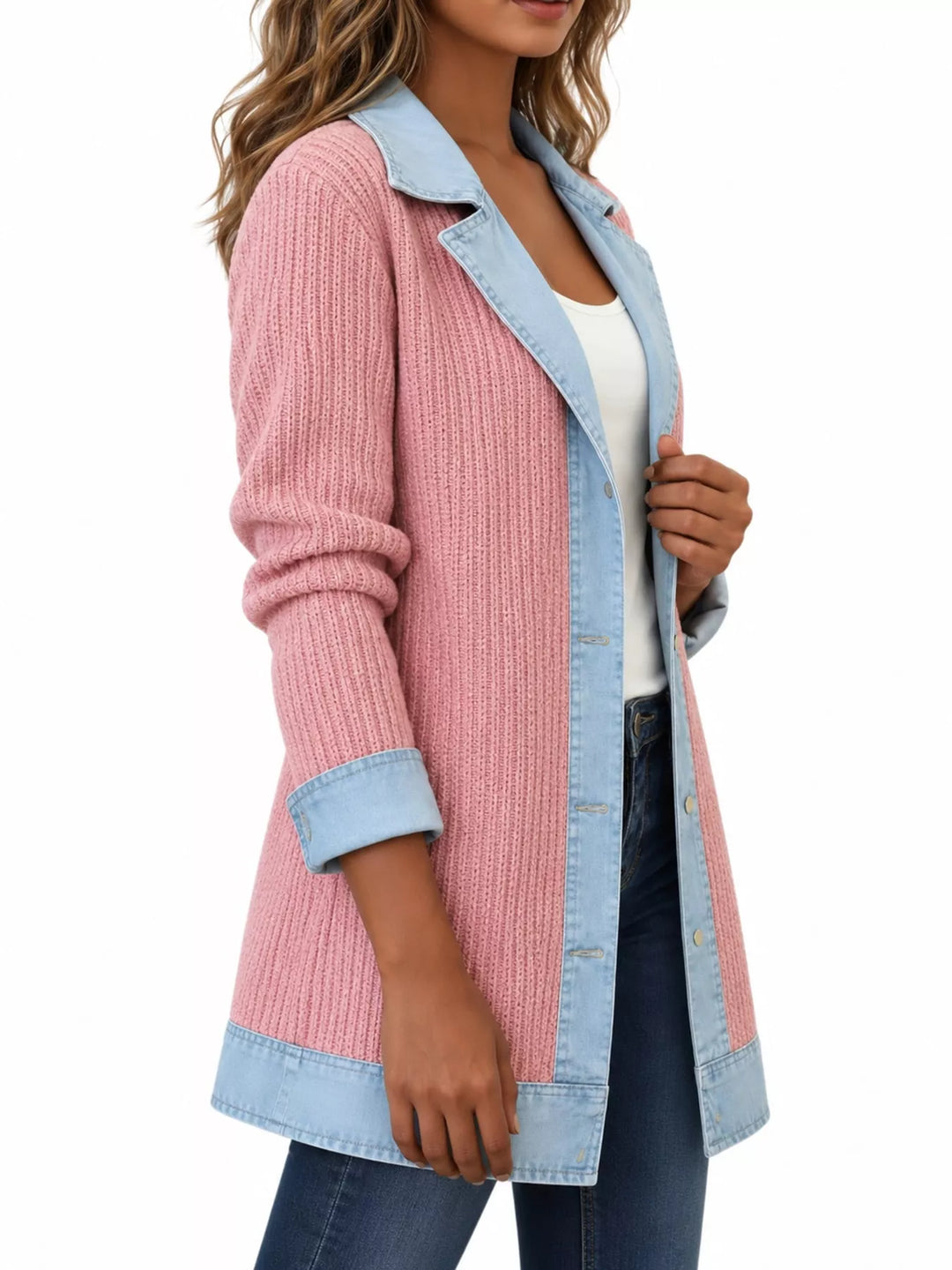 Denim-look lapel ribbed knit in pink, styled on model