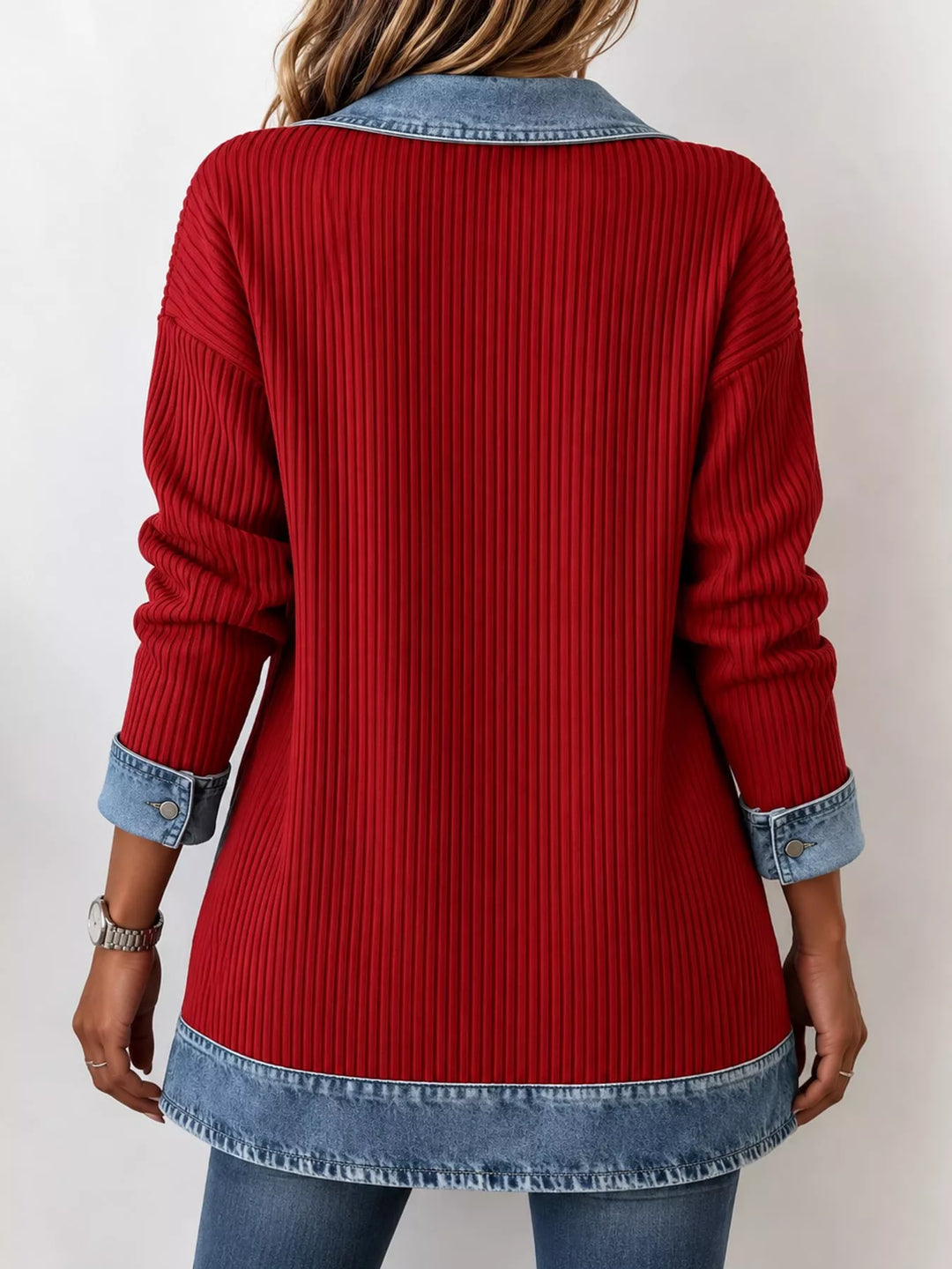 Denim-look lapel ribbed knit in red, back view