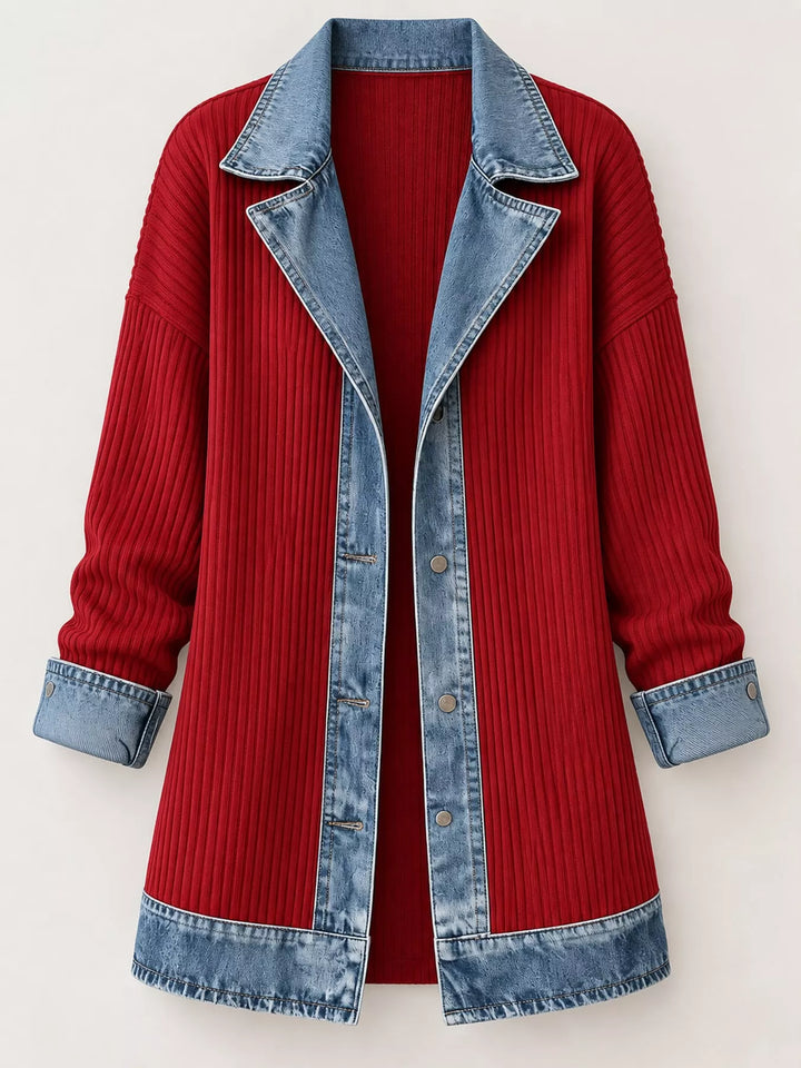 Denim-look lapel ribbed knit in red, flat lay