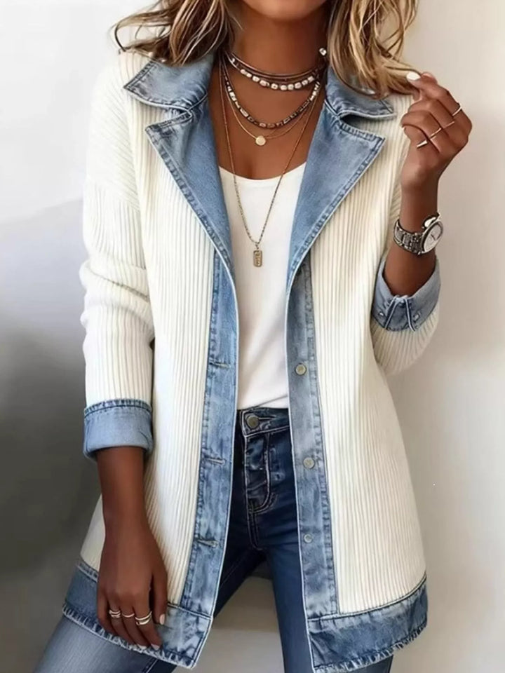 Denim-look lapel ribbed knit in white, front view