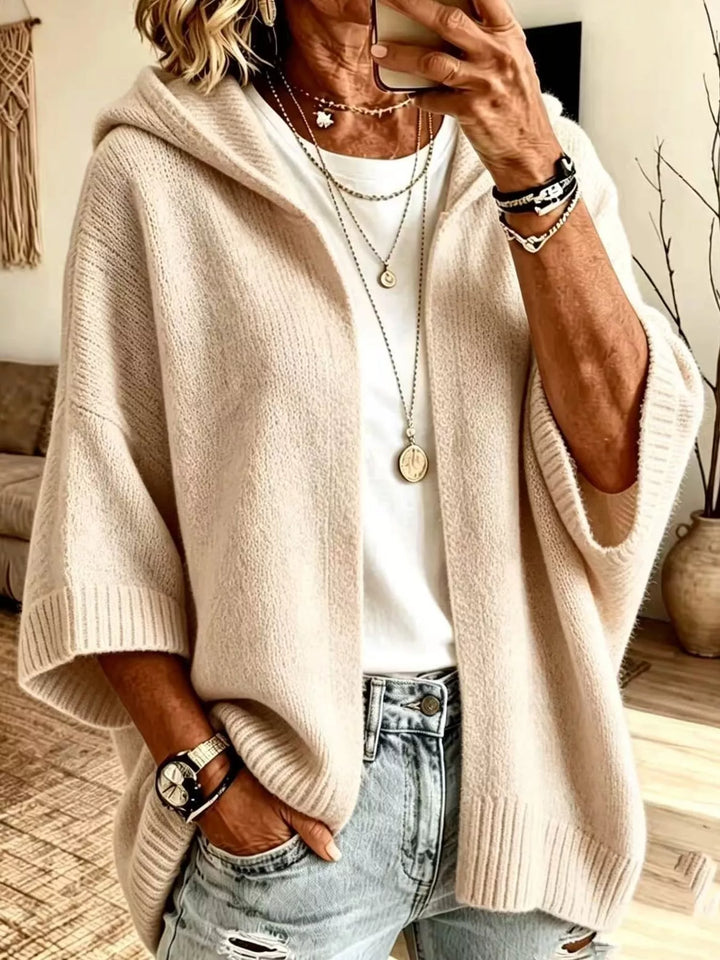 Women's cardigan sweater in apricot color, hooded open front drop shoulder