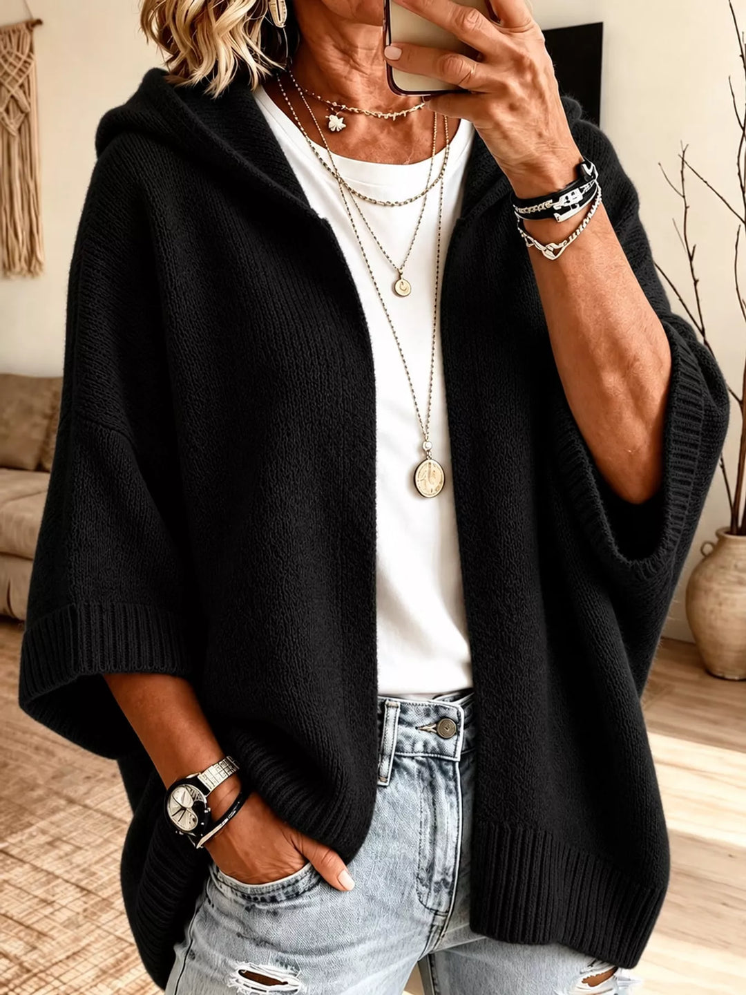 Hooded open front drop shoulder in black, front view