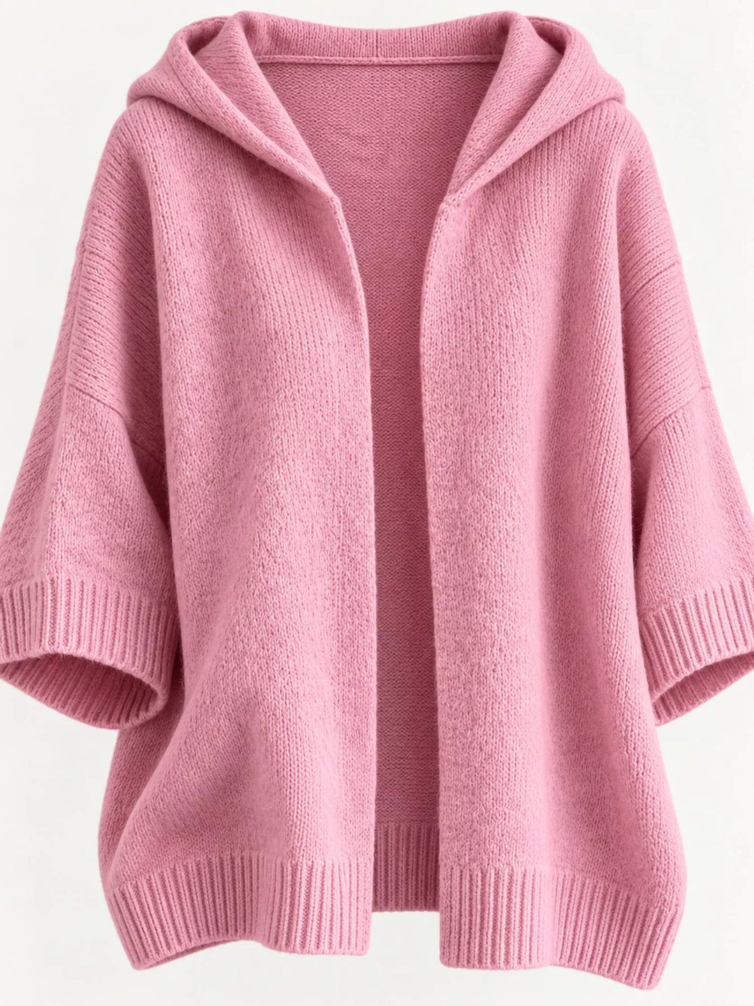 Hooded open front drop shoulder in pink, flat lay 2