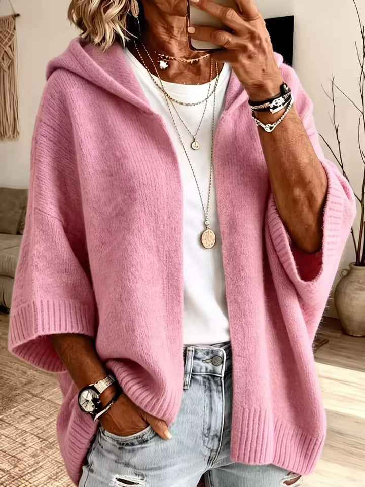 Hooded open front drop shoulder in pink, front view