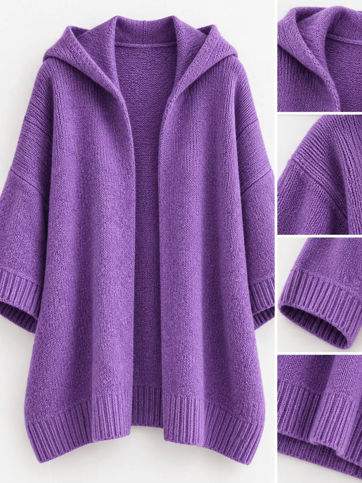 Hooded open front drop shoulder in purple, close-up detail