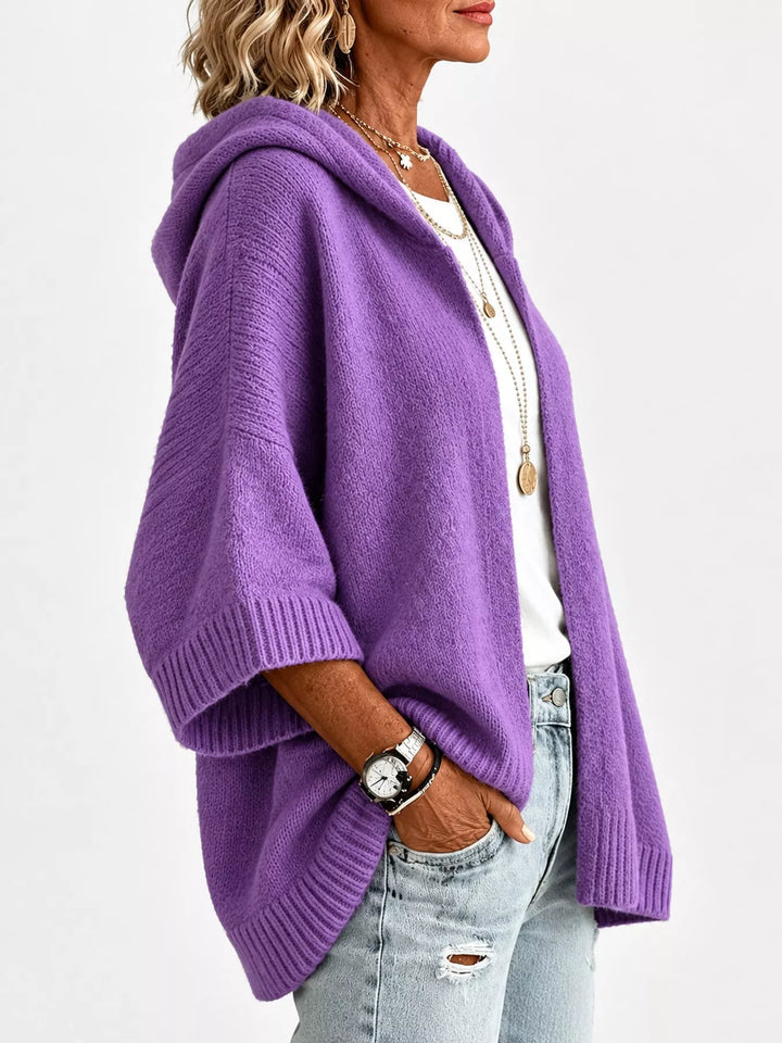 Hooded open front drop shoulder in purple, styled on model