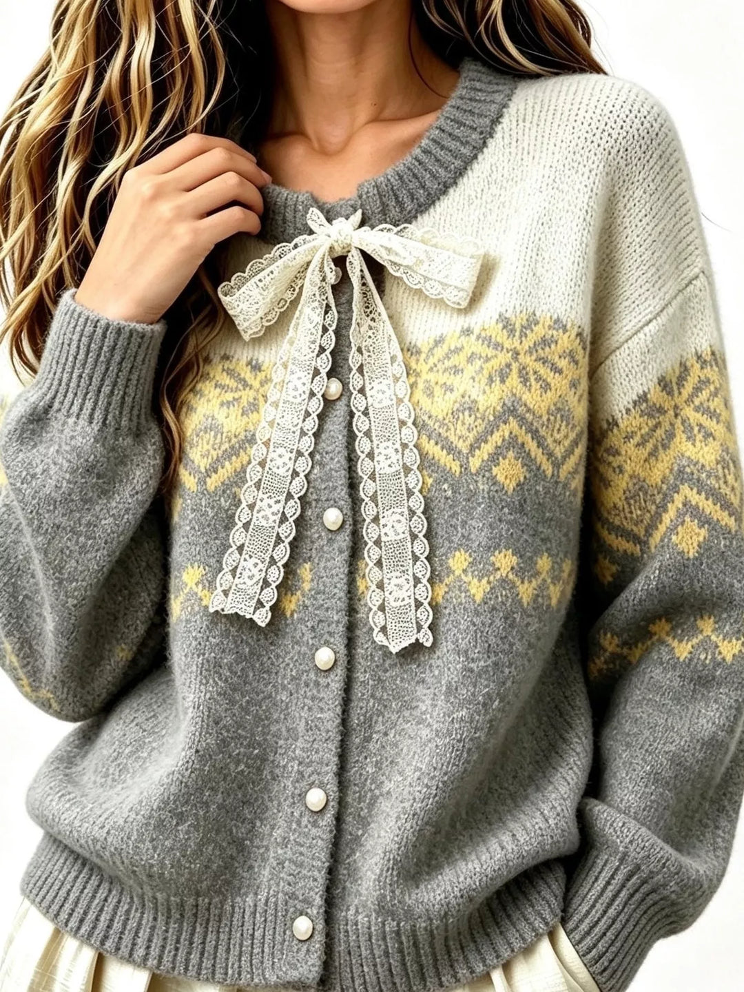 Lace bow fair isle button front in gray, styled on model