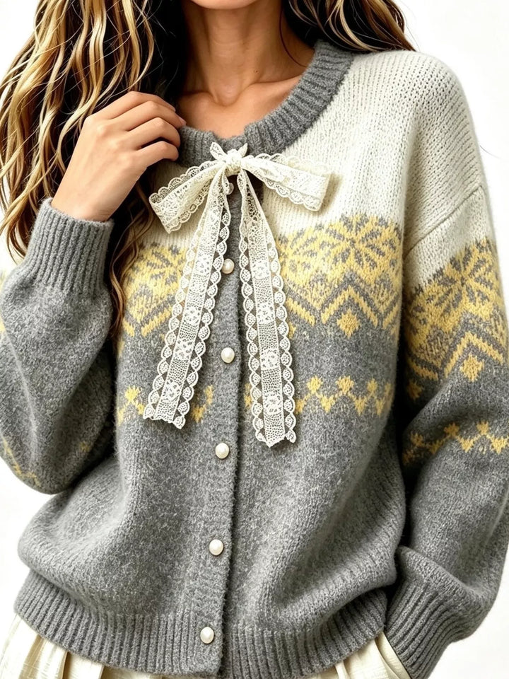Lace bow fair isle button front in gray, styled on model