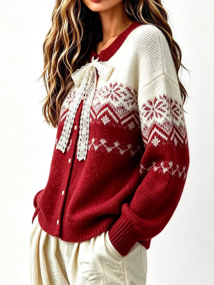 Lace bow fair isle button front in red, front view 2