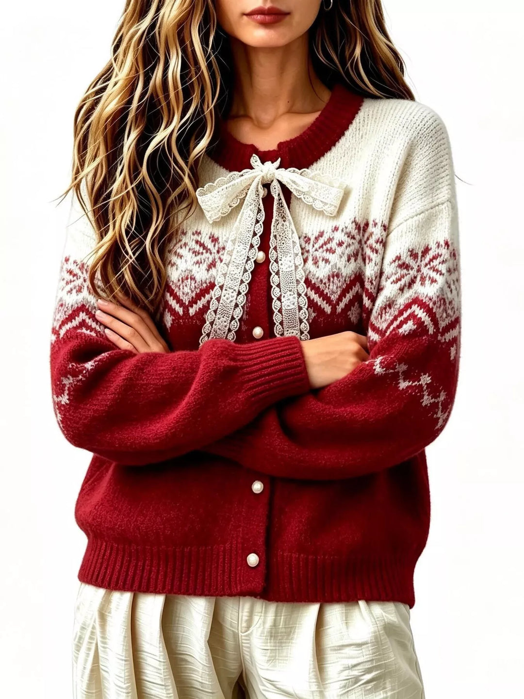 Lace bow fair isle button front in red, styled on model