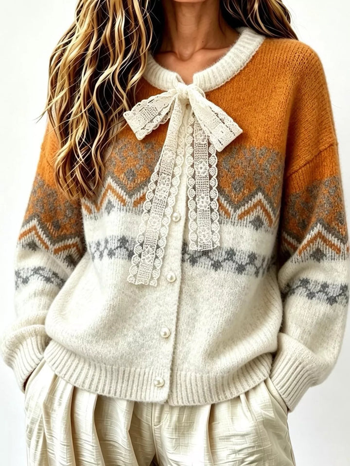 Women's cardigan sweater in tangerine, lace bow fair isle button front