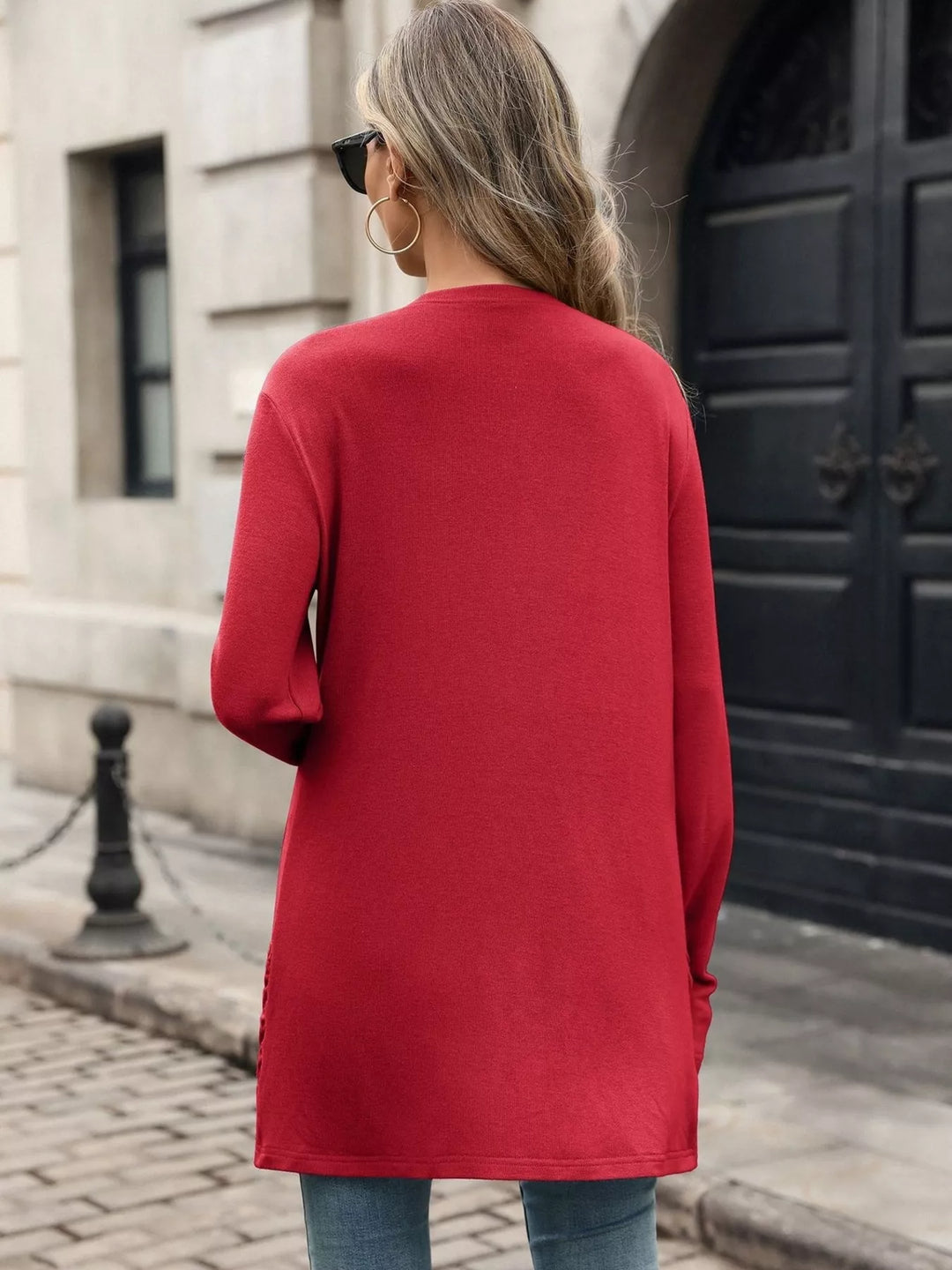 Open front waterfall drape thumbholes in red, back view