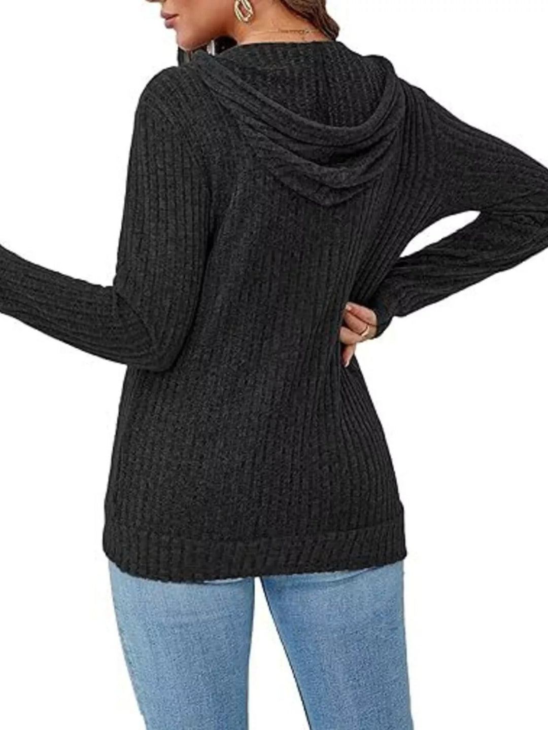 Ribbed knit hooded zip drawstring in black, back view