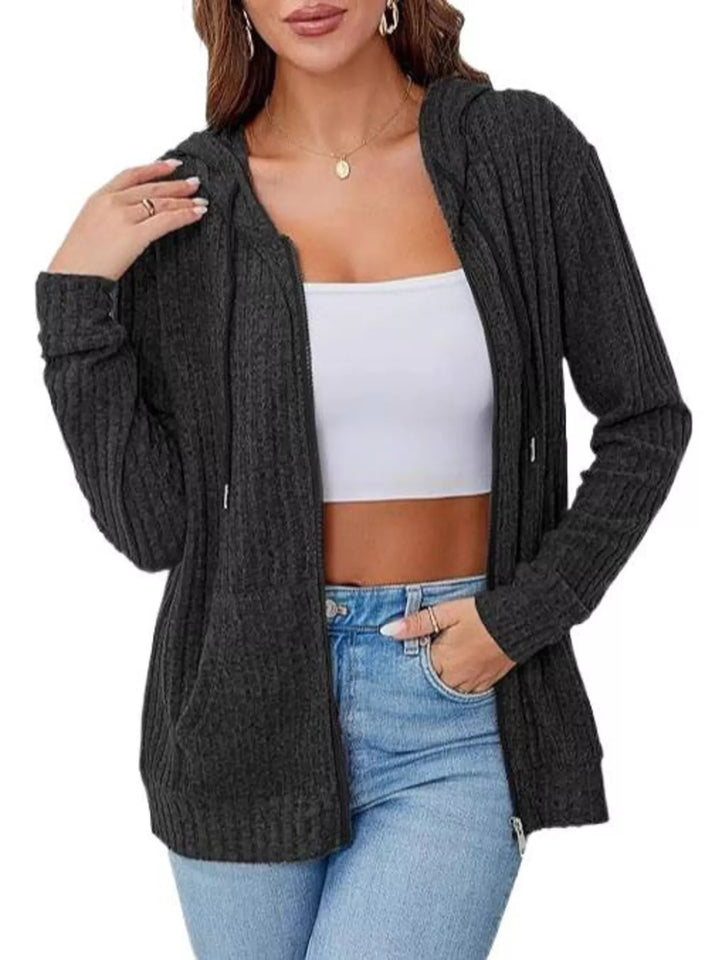 Ribbed knit hooded zip drawstring in black, styled on model