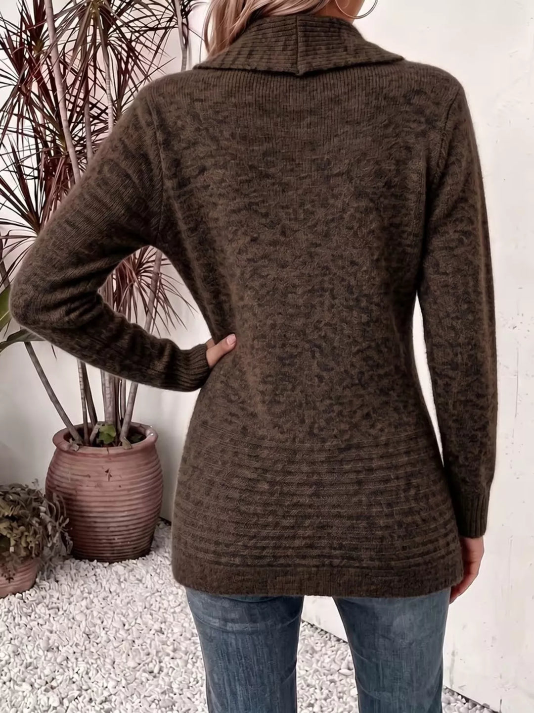 Shawl collar open front waist band in brown, back view
