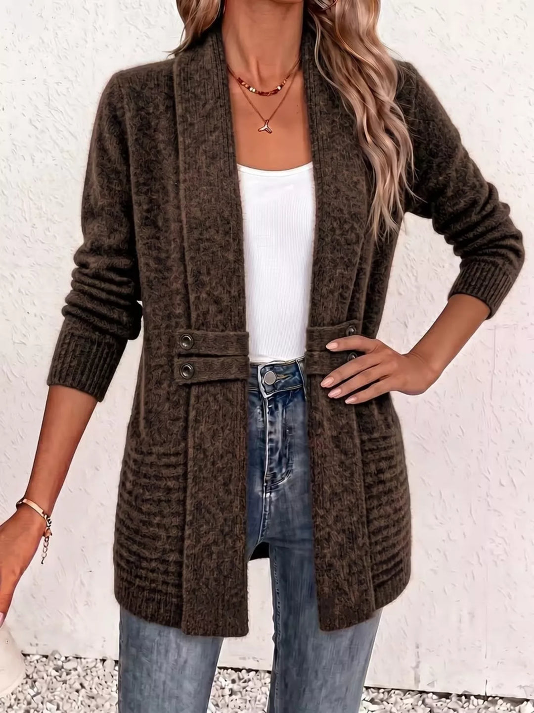 Shawl collar open front waist band in brown, front view