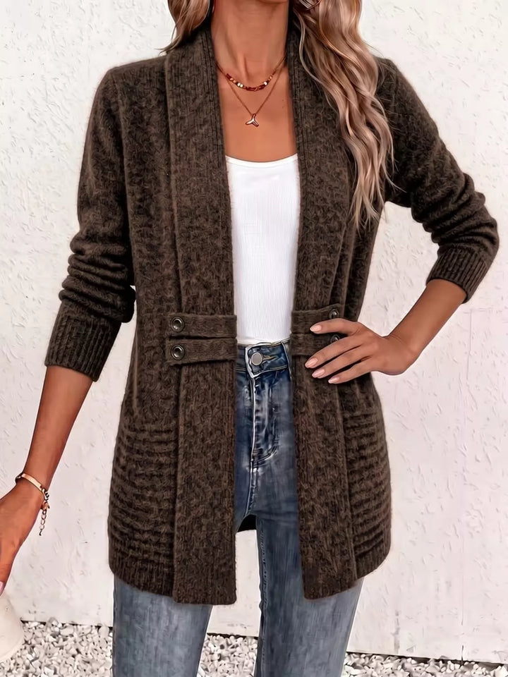 Shawl collar open front waist band in brown, front view