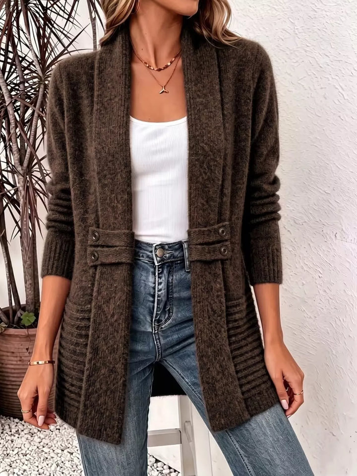 Shawl collar open front waist band in brown, styled on model