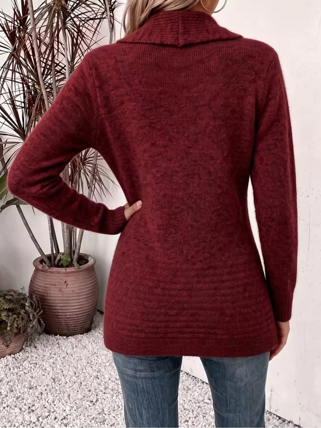 Shawl collar open front waist band in burgundy, back view