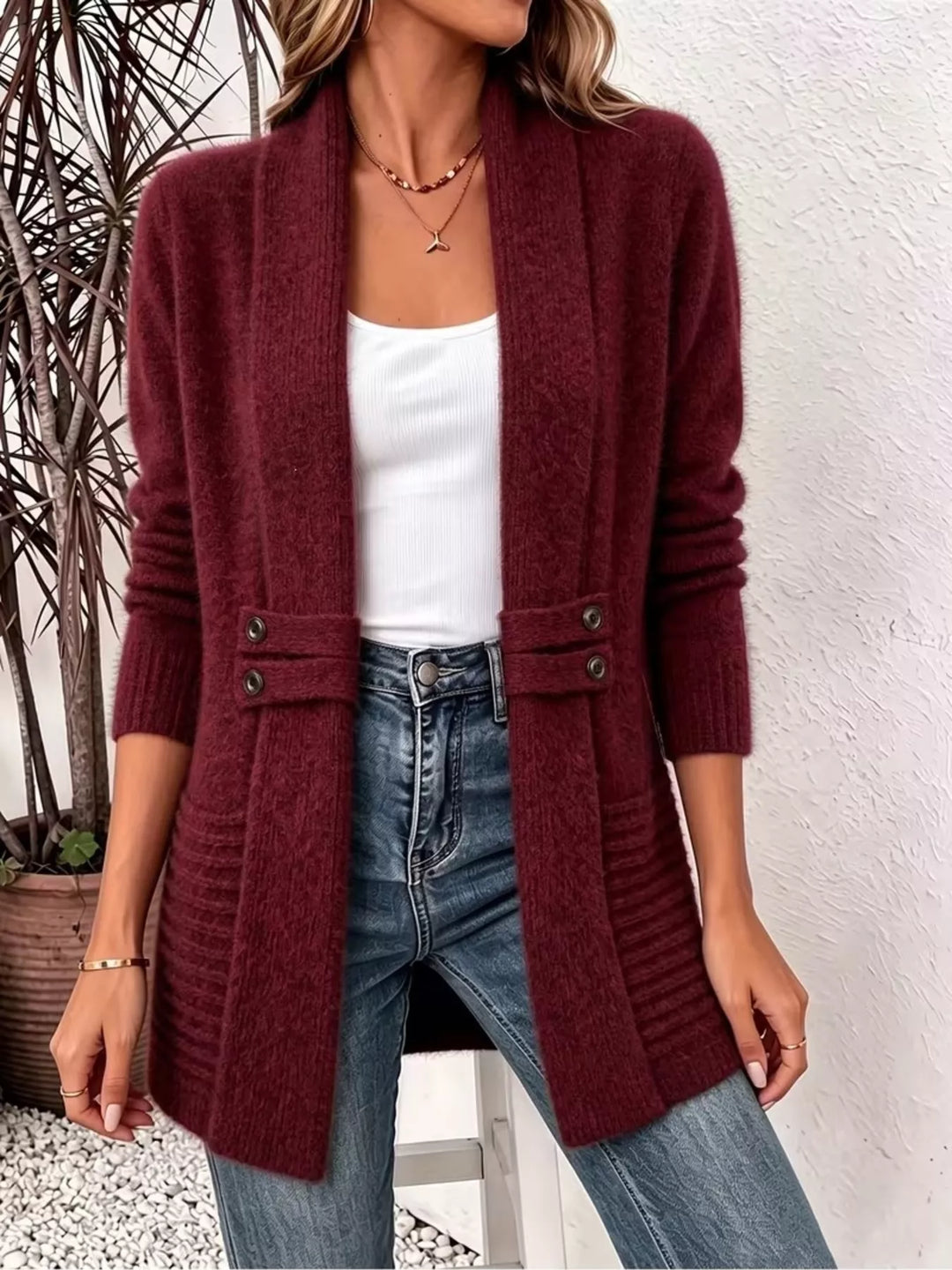 Shawl collar open front waist band in burgundy, styled on model