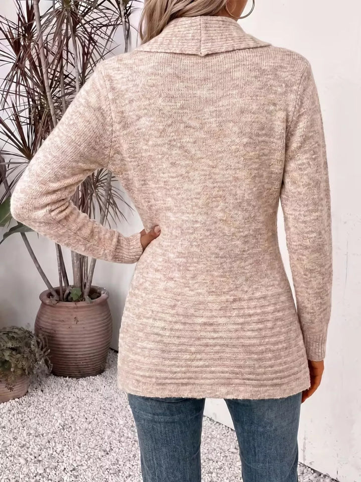 Shawl collar open front waist band in dust storm, back view