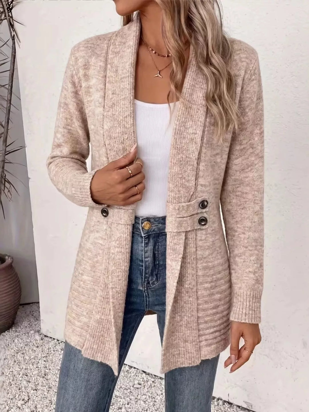 Shawl collar open front waist band in dust storm, front view