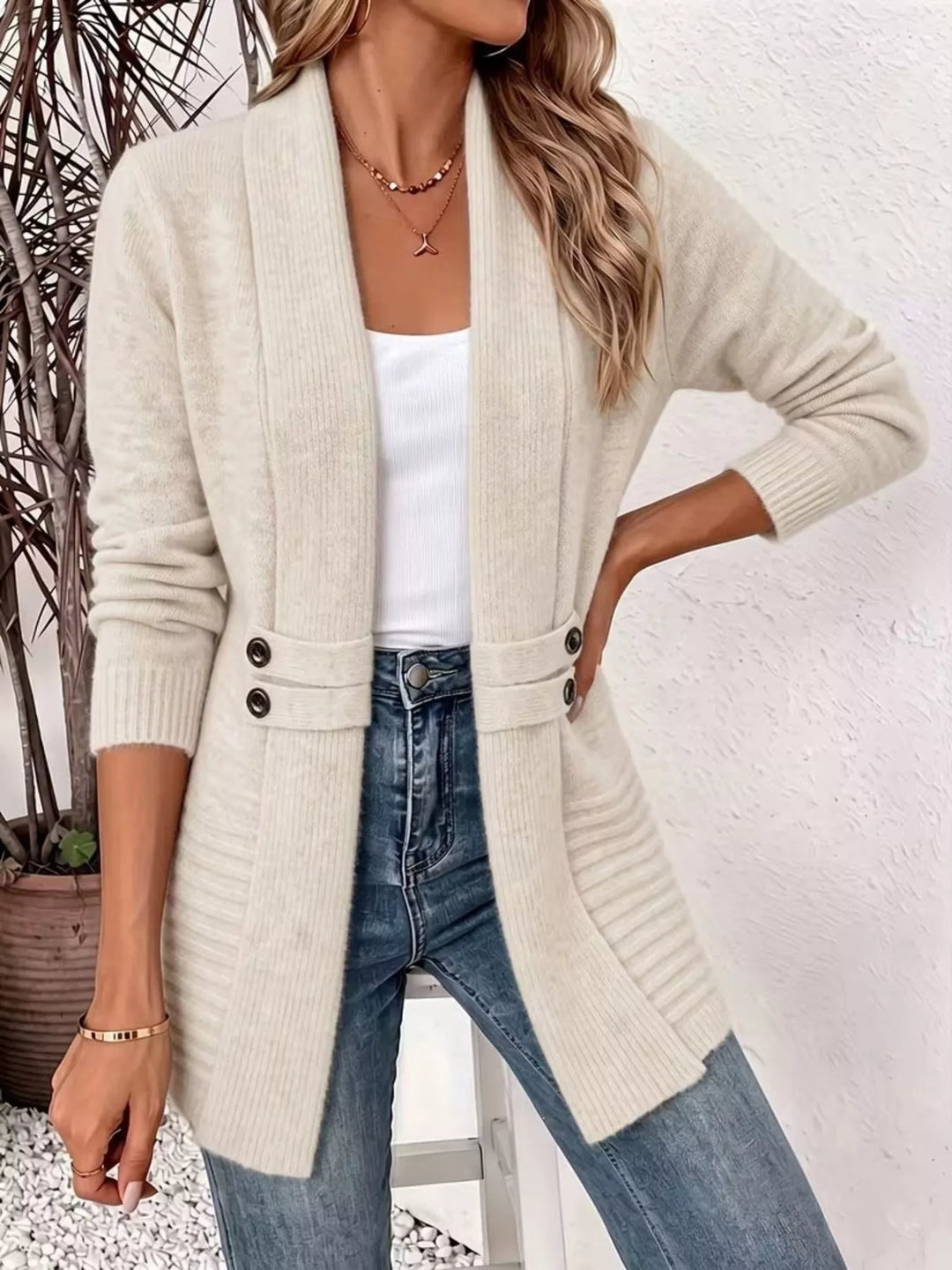 Women's cardigan sweater in ivory, shawl collar open front waist band