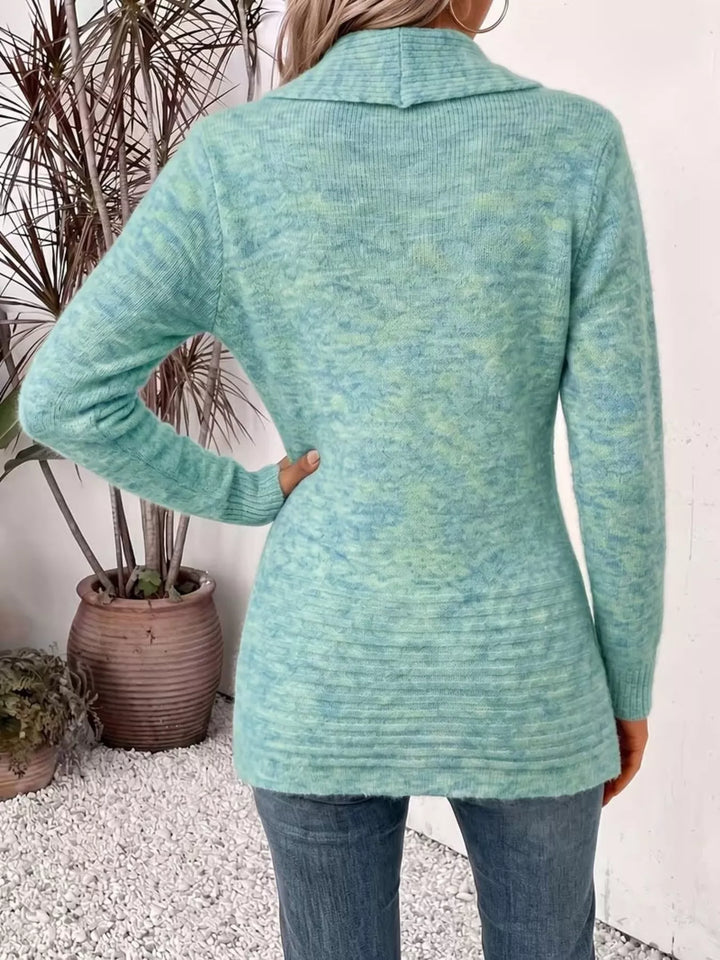 Shawl collar open front waist band in light green, back view