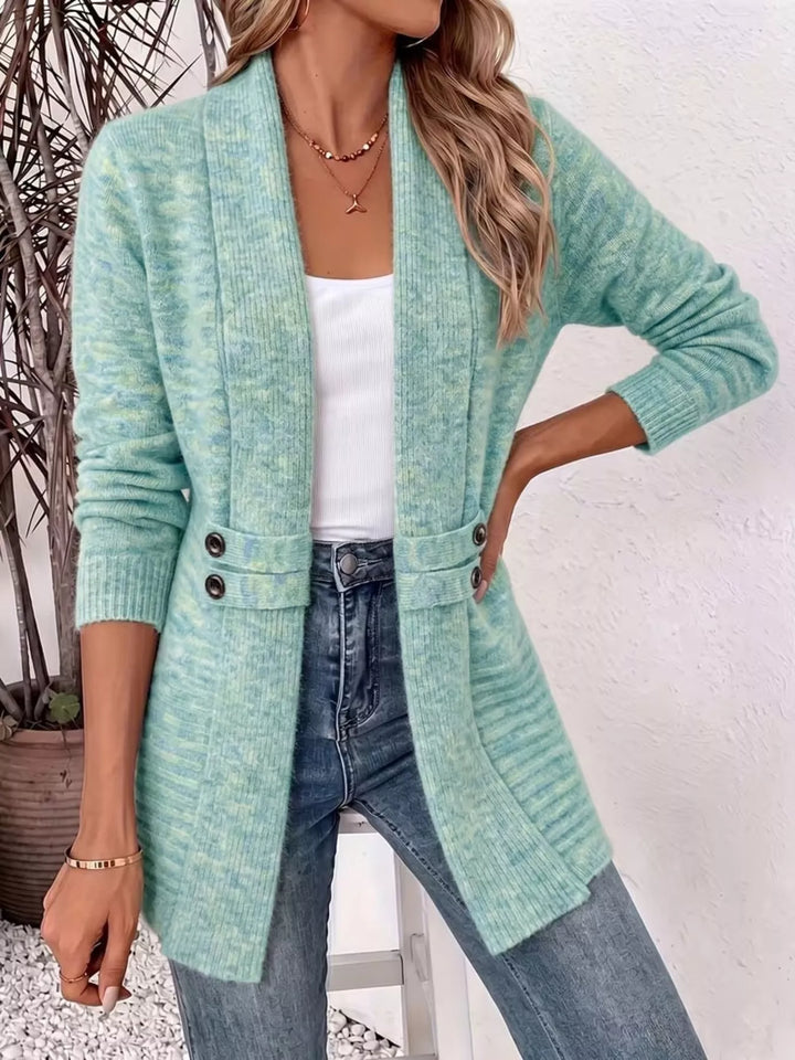Shawl collar open front waist band in light green, front view