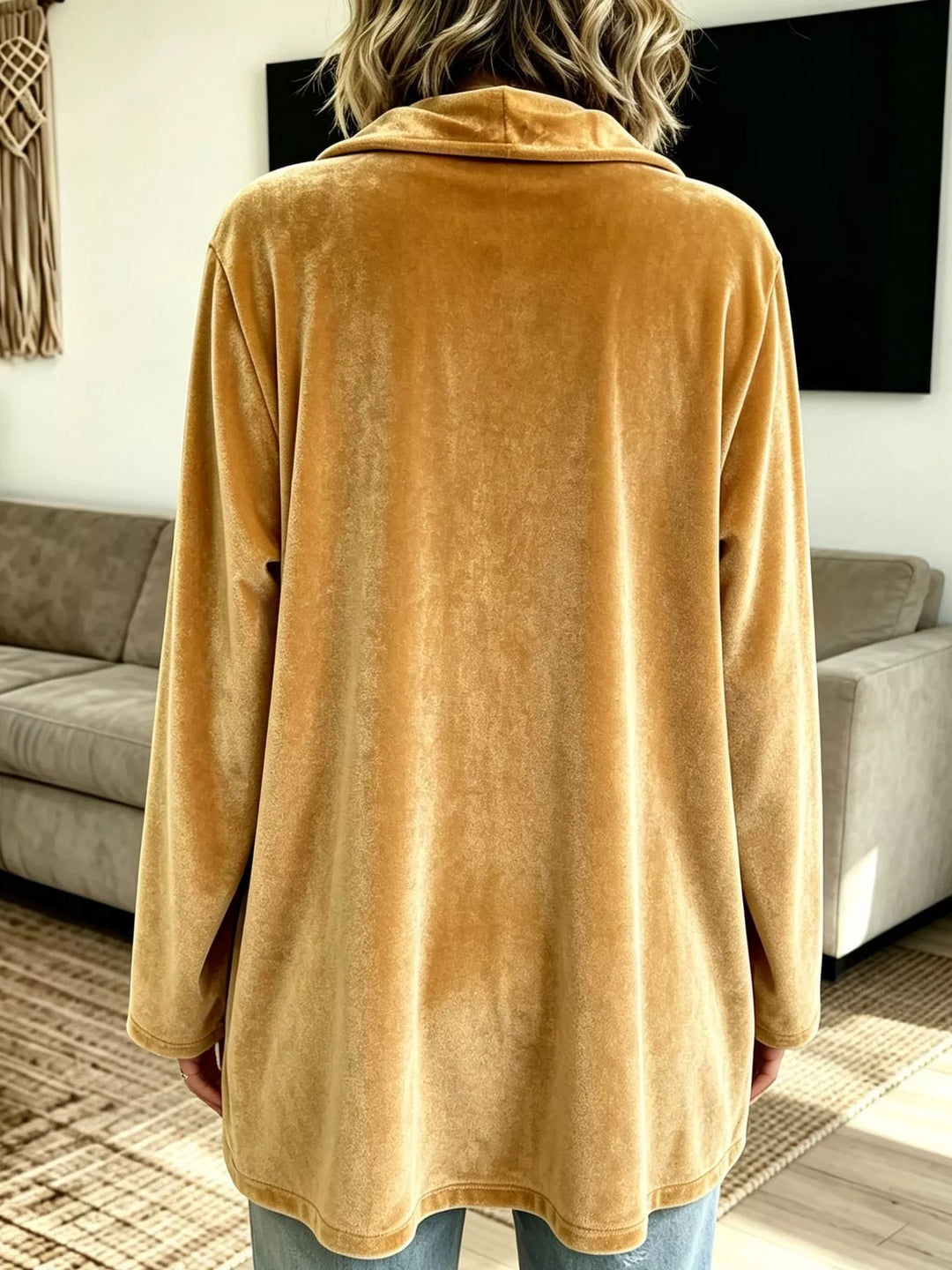 Velvet-look open front shawl collar in gold, back view
