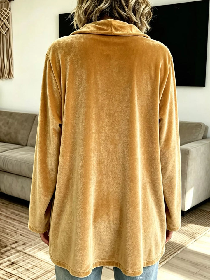 Velvet-look open front shawl collar in gold, back view