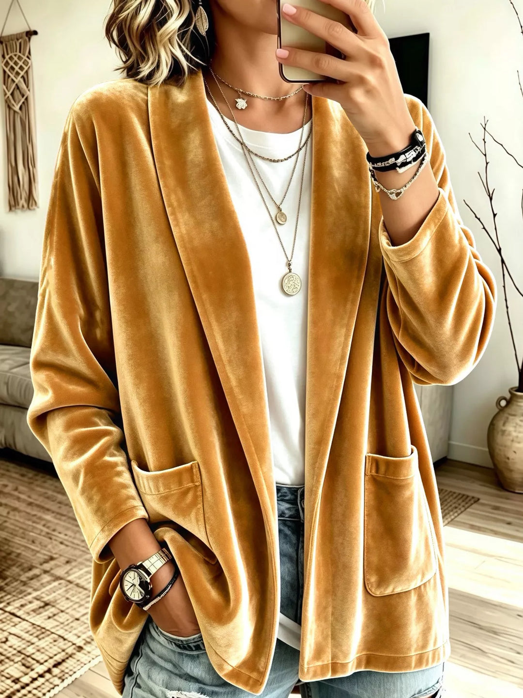 Velvet-look open front shawl collar in gold, front view