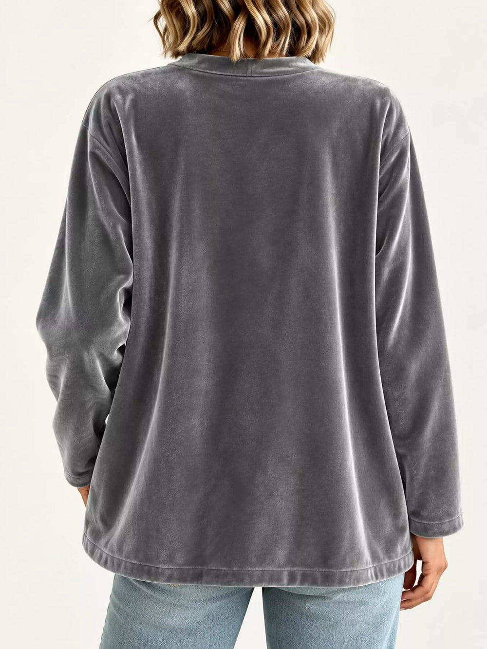 Velvet-look open front shawl collar in gray, back view