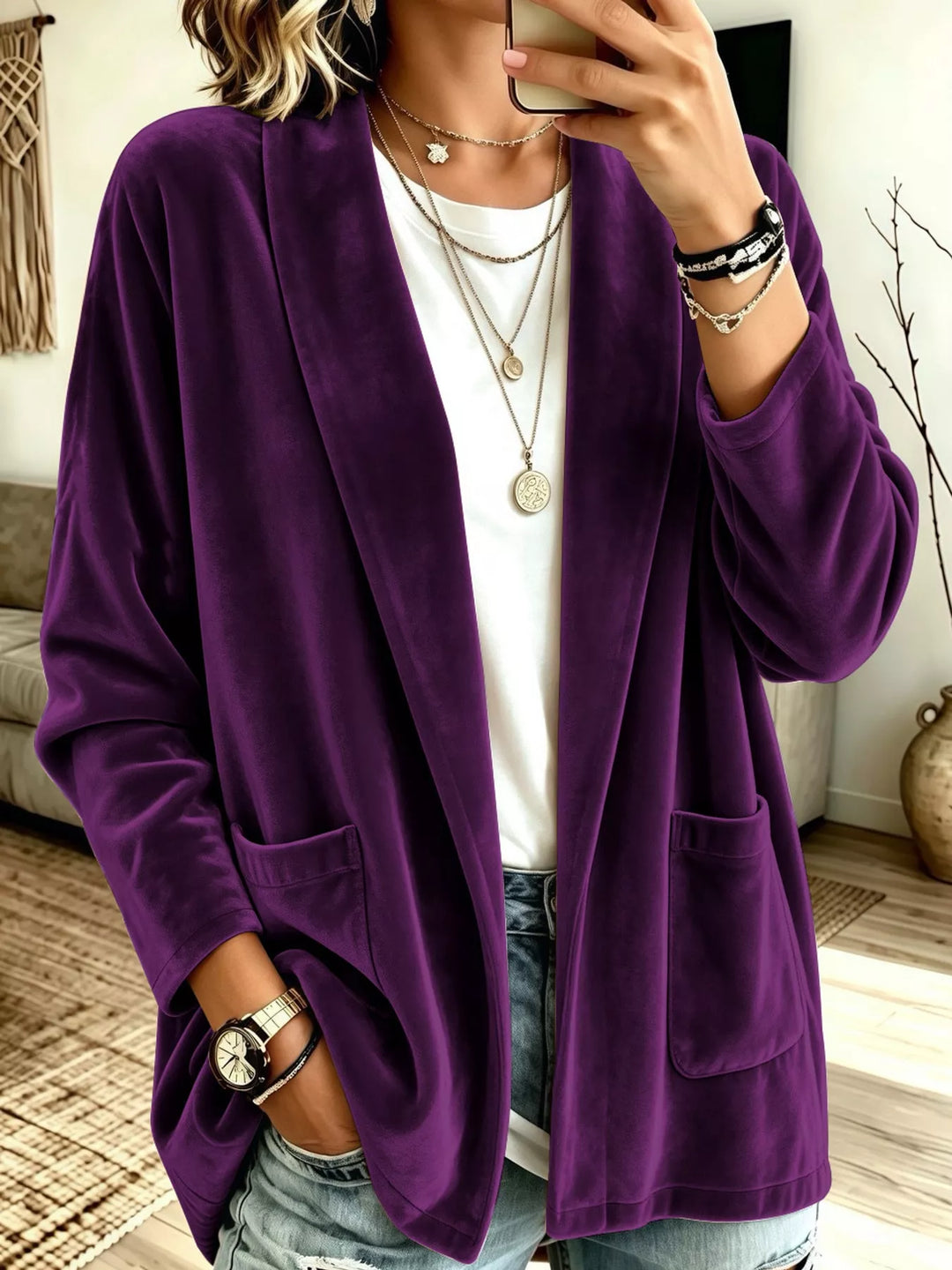 Velvet-look open front shawl collar in purple, front view