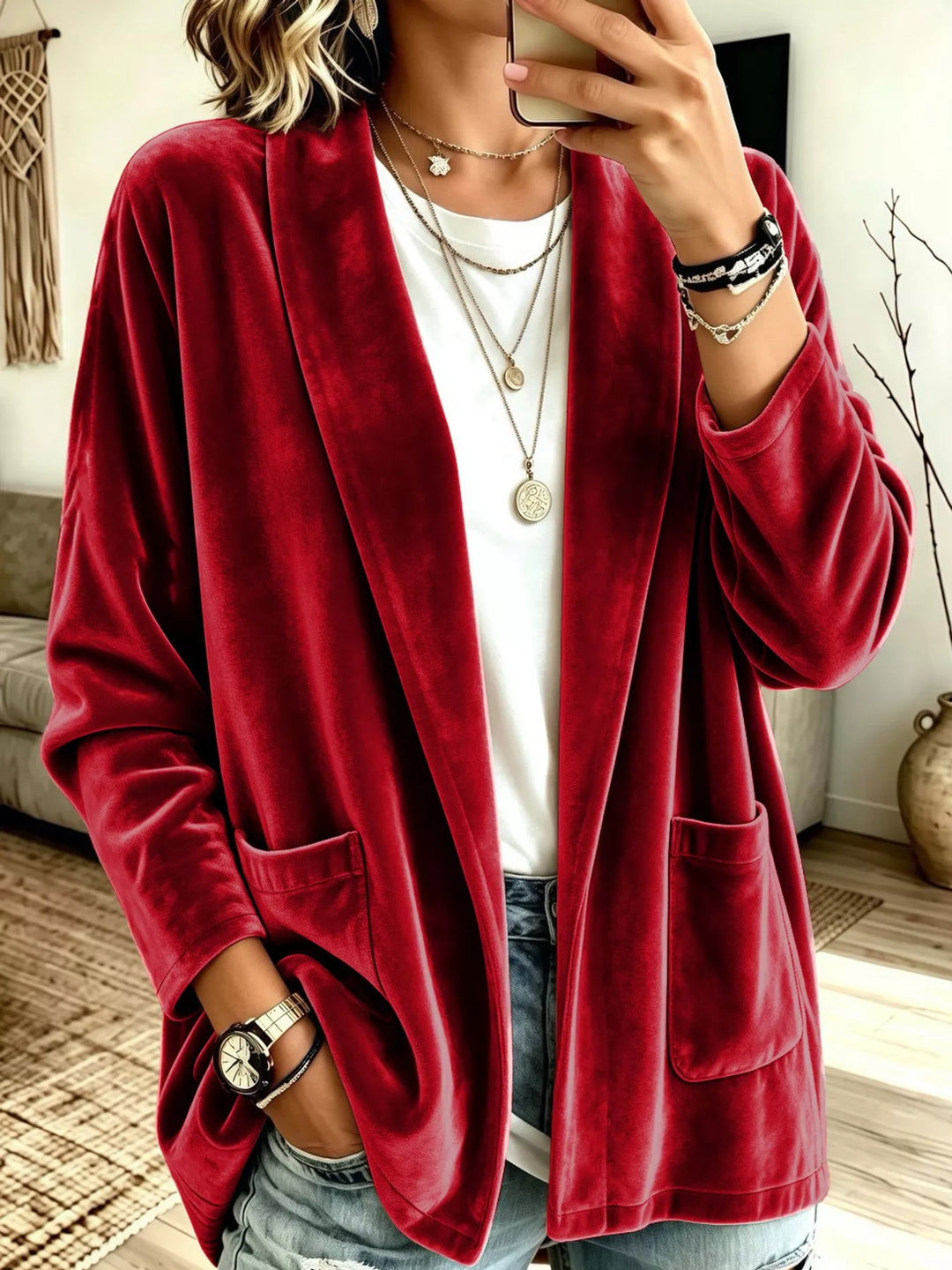 Velvet-look open front shawl collar in red, front view