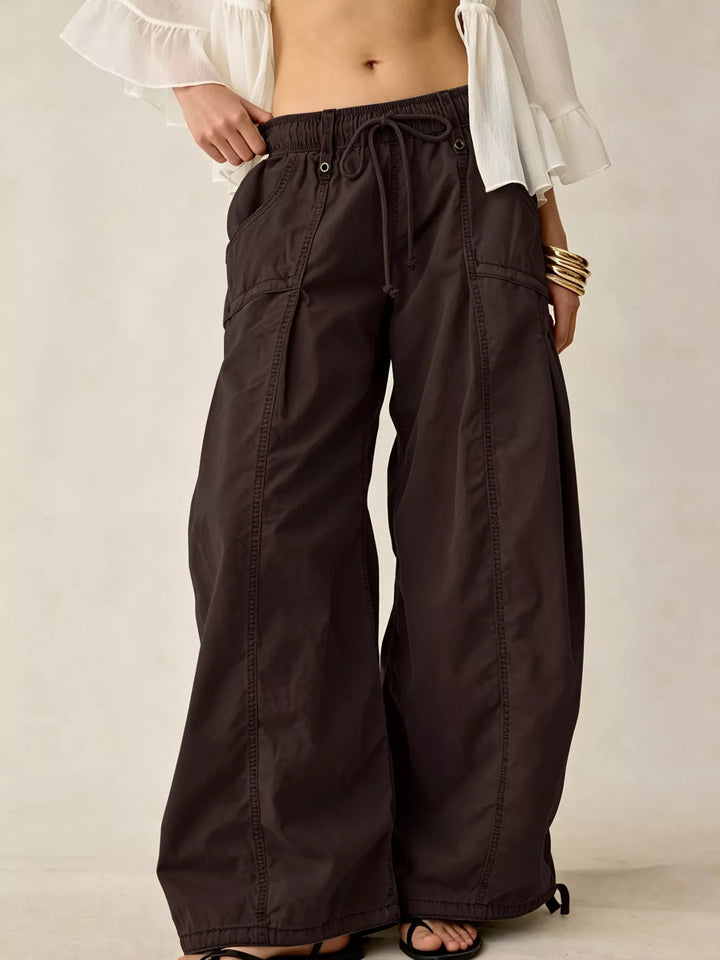 Espresso wide leg parachute cargo pants with drawstring waist, front view