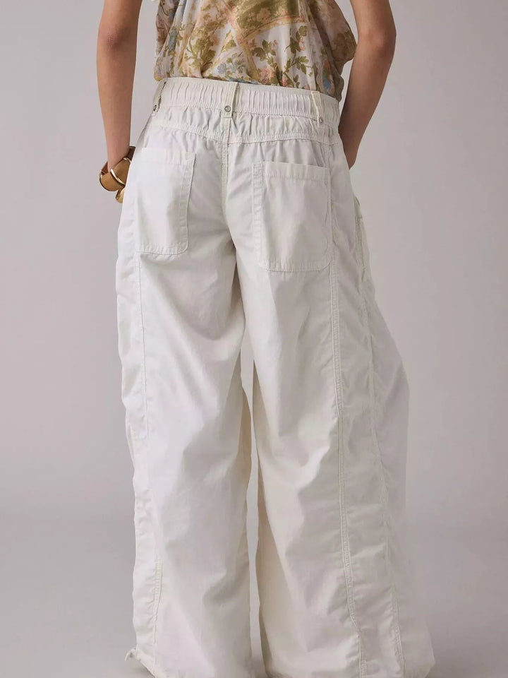 Back view of the white wide leg cargo pants