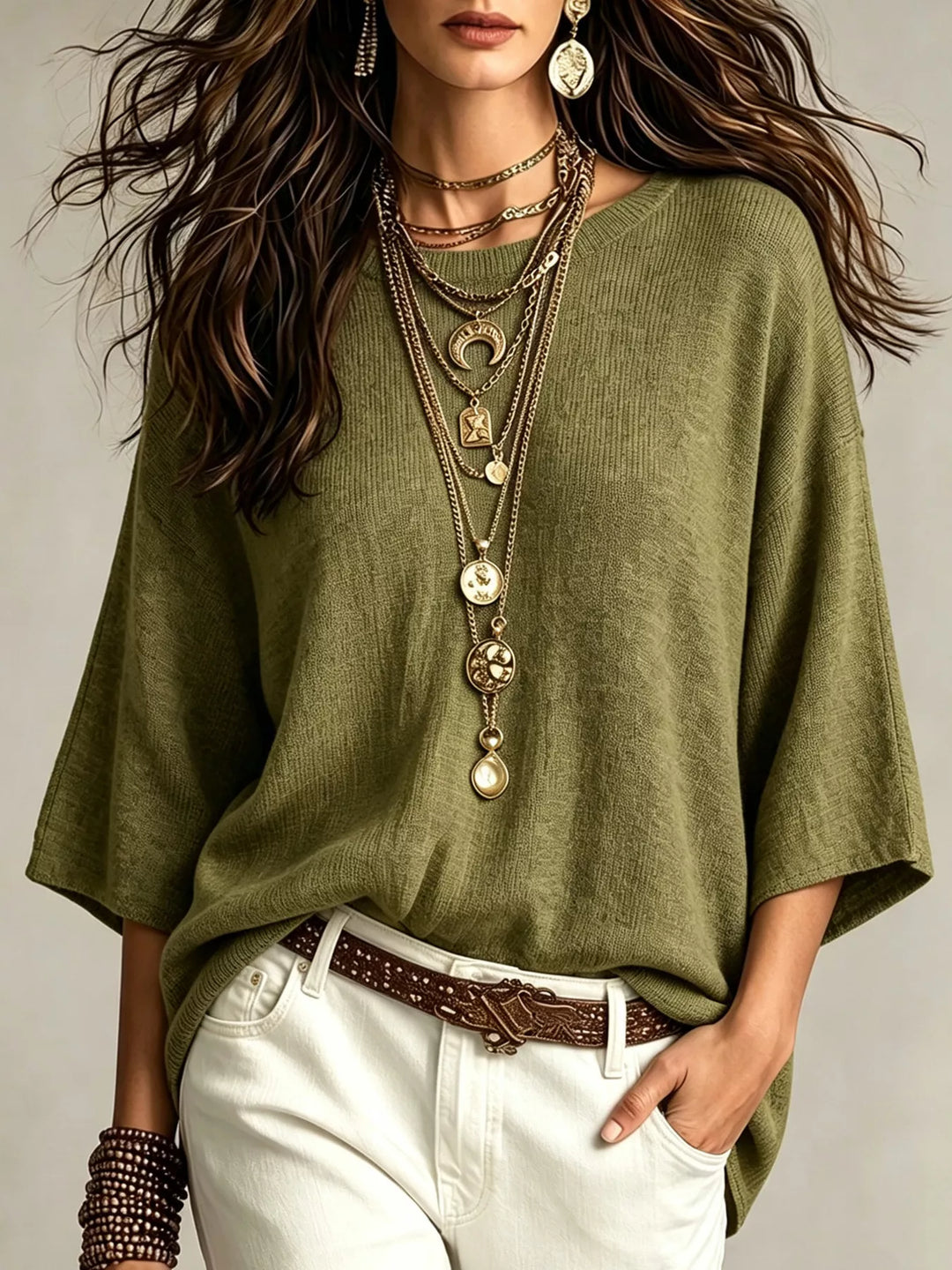 Olive green casual knit top with wide 3/4 sleeves and white pants