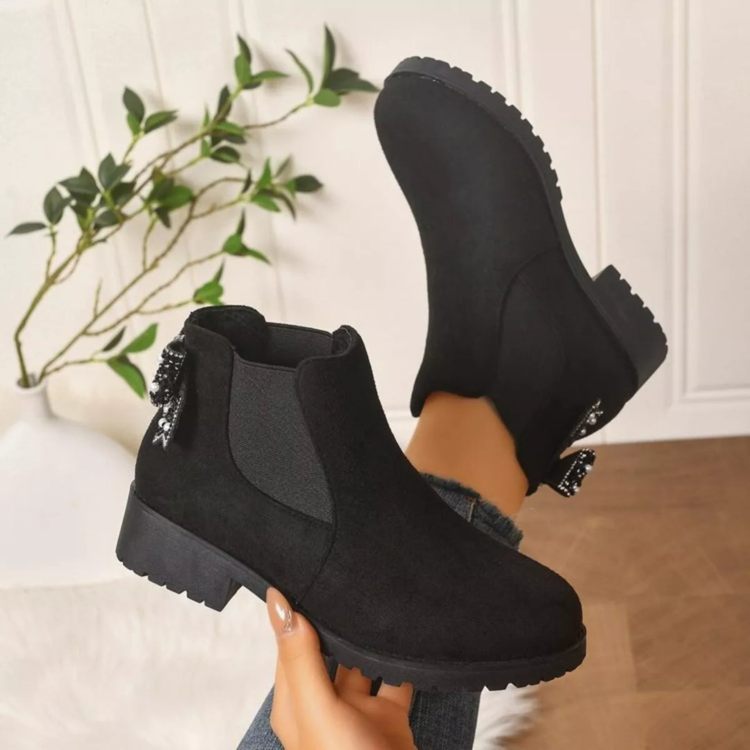 Black block heel Chelsea boots with elastic side panel, pair view
