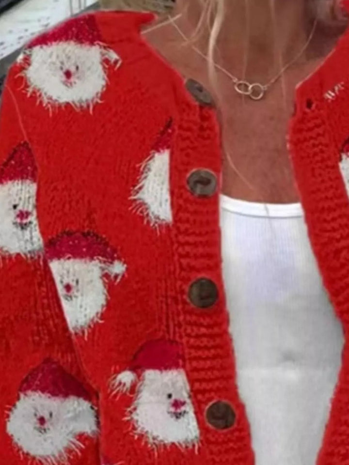 Close-up of the red cardigan with Santa pattern and brown buttons