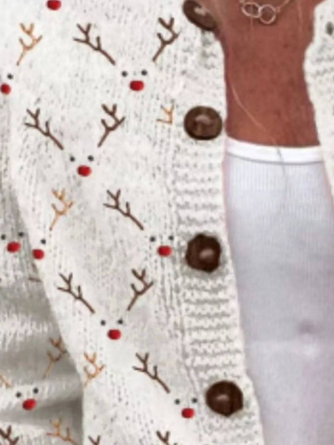 Close-up of the white cardigan reindeer antler pattern and button placket
