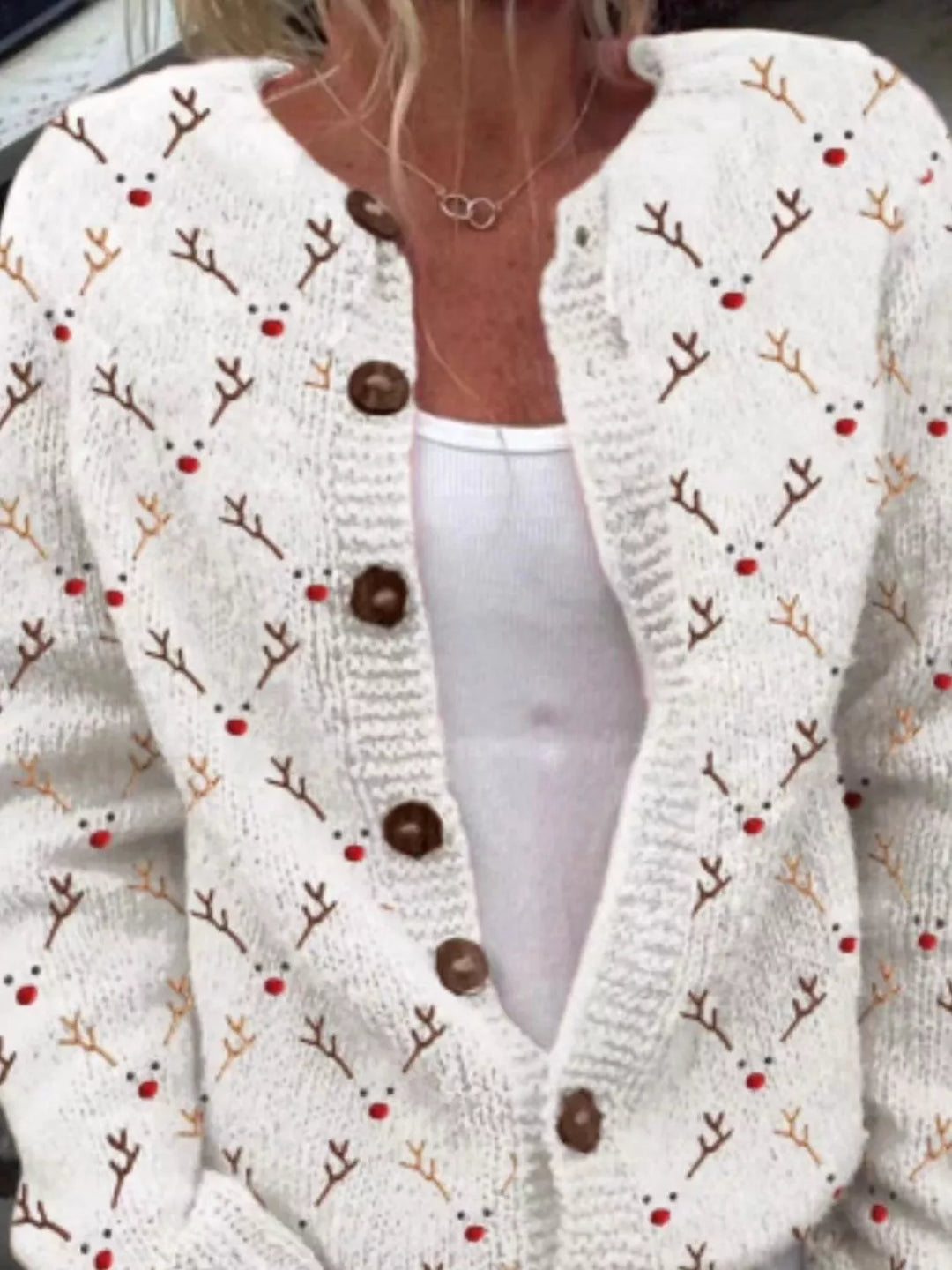 White button front Christmas cardigan with reindeer and red nose pattern