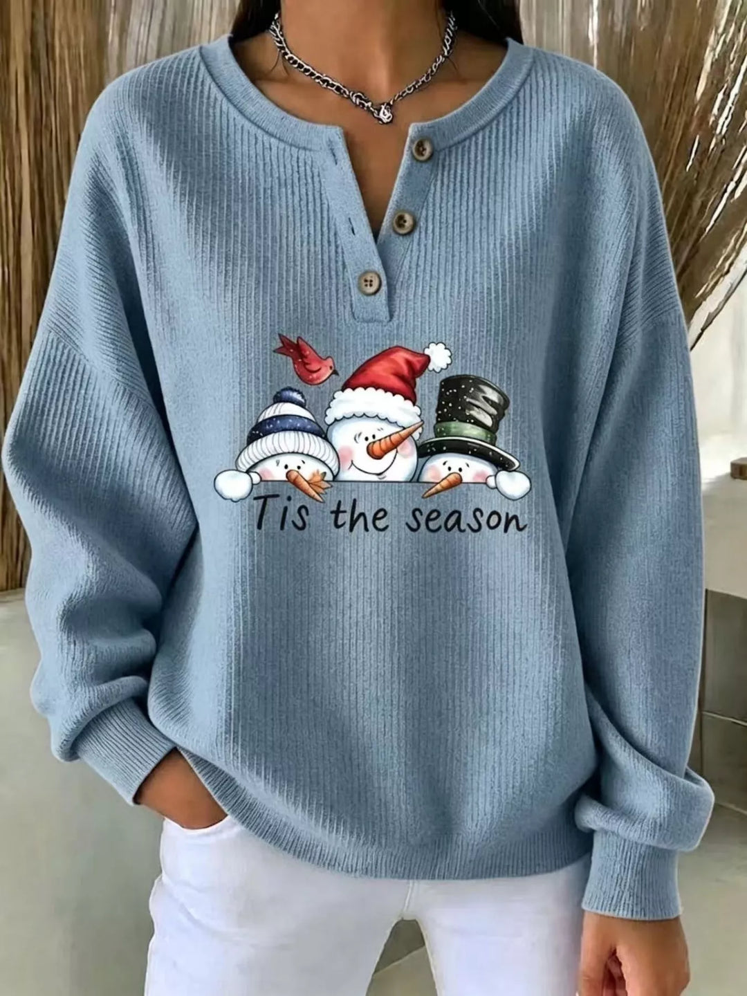 Snowman graphic henley placket in air force blue, front view