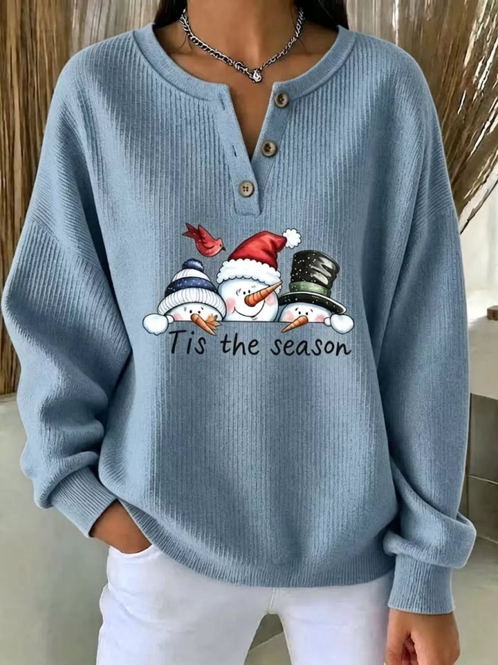 Snowman graphic henley placket in air force blue, front view
