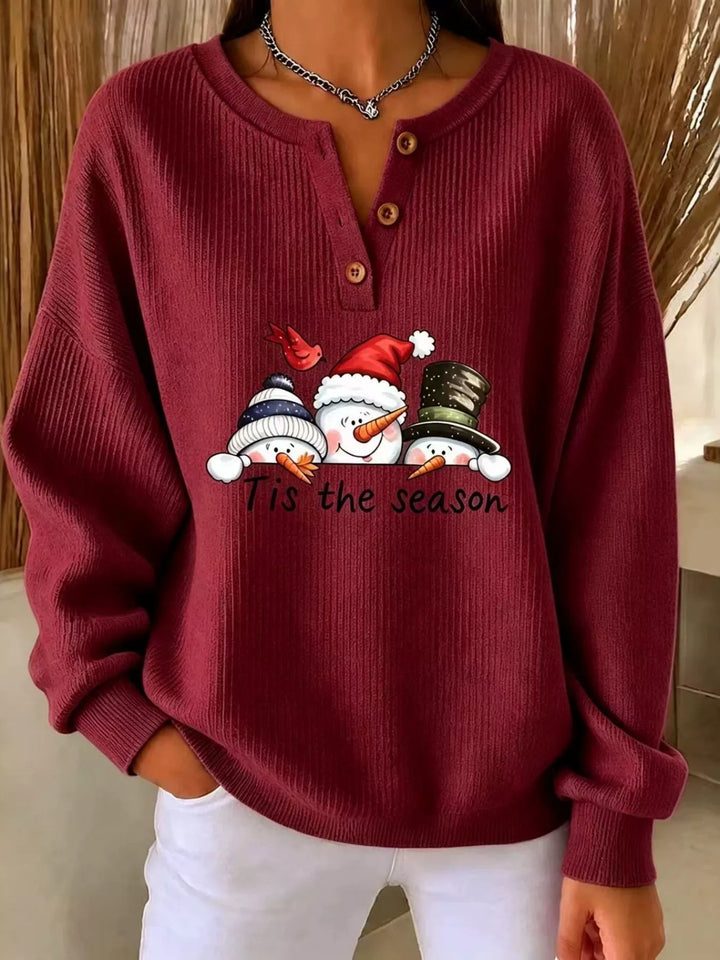 Snowman graphic henley placket in burgundy, front view